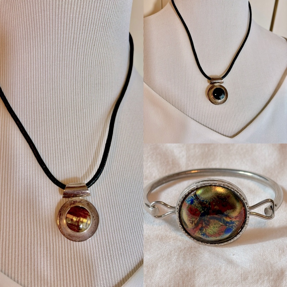 Mexico Silver Black onyx & tigers eye Pendant Necklace and Bracelet Set